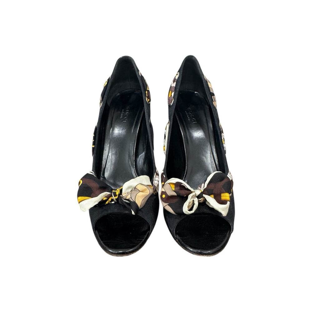 Gucci Guccissima Scarf Bow Heels Black Open Toe Pumps Ribbon Size 9.5 Luxury - Picture 3 of 14